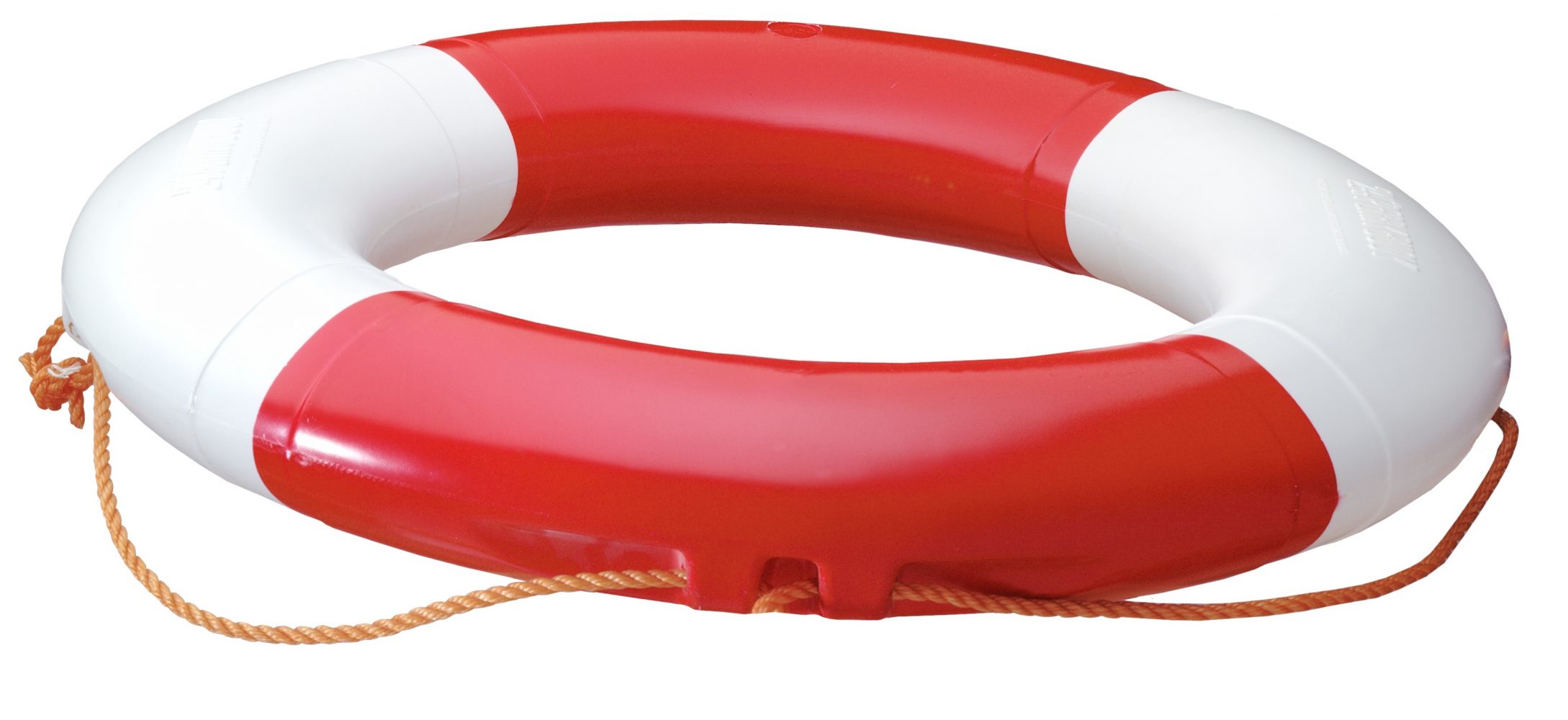 Red and white life buoy with rope.